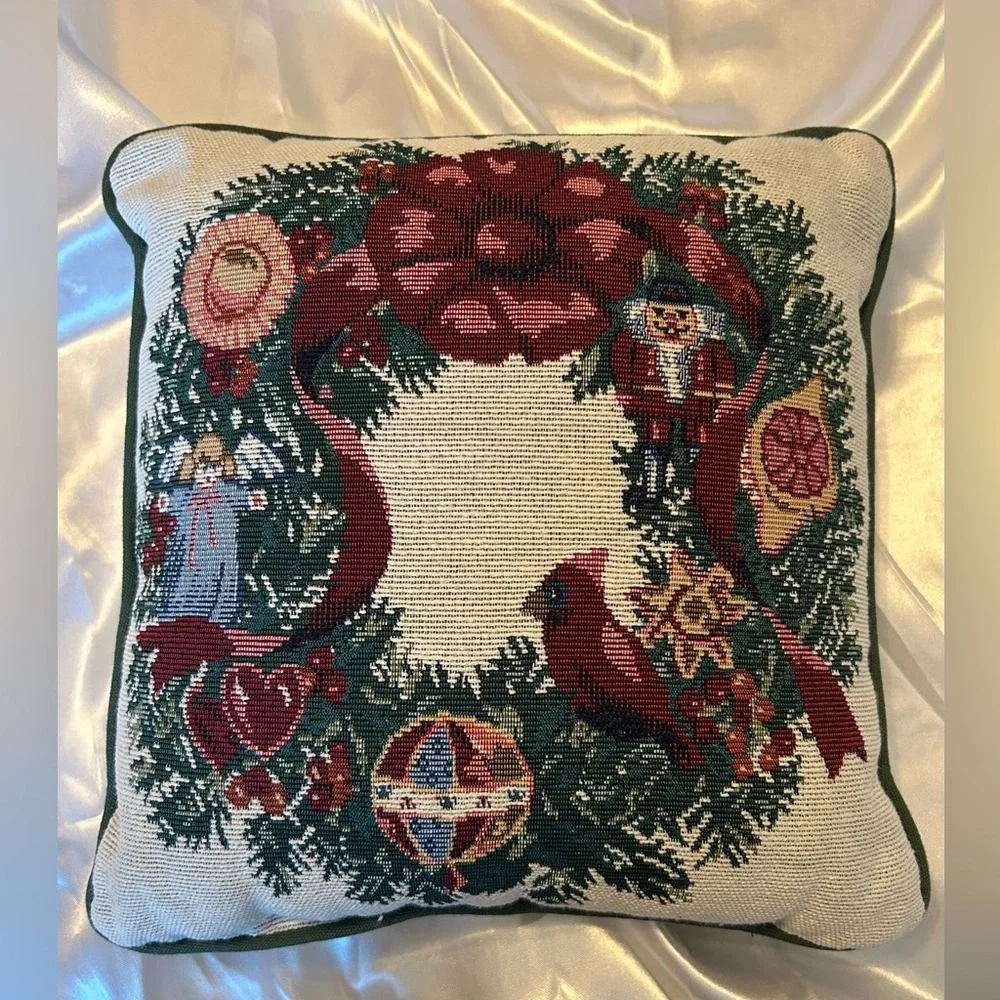 Vtg Needlepoint Tapestry Throw Pillow Wreath Nutcracker Angel Cardinal Christmas